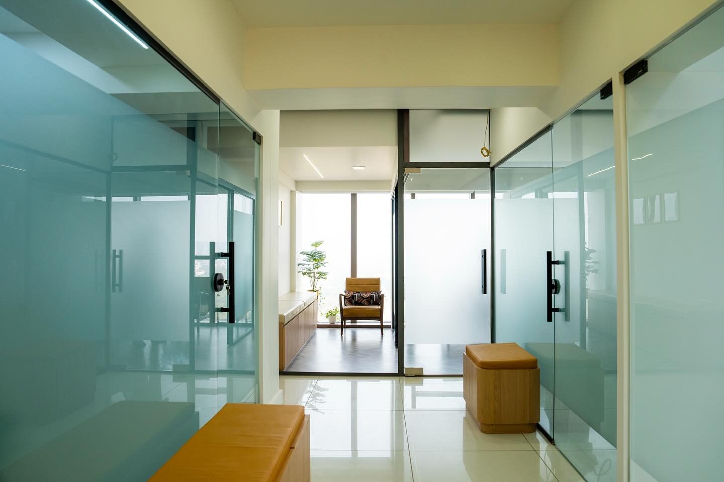 Clinic corridor with private treatment cabins