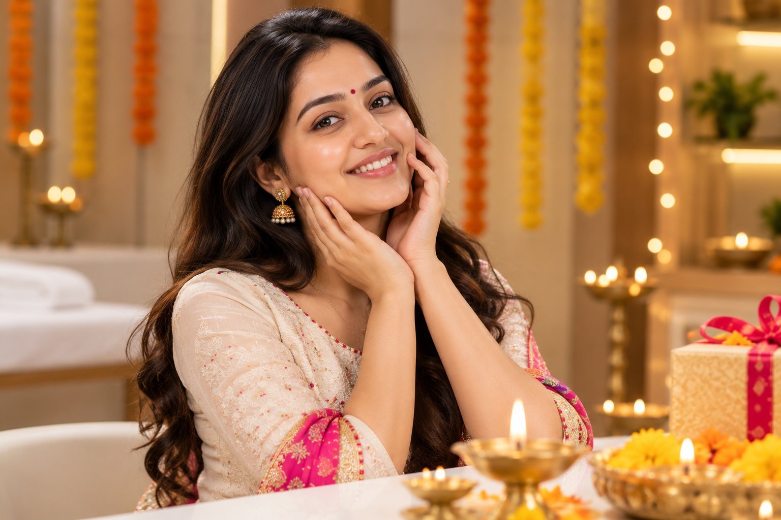 Smiling woman with glowing skin at a Diwali celebration
