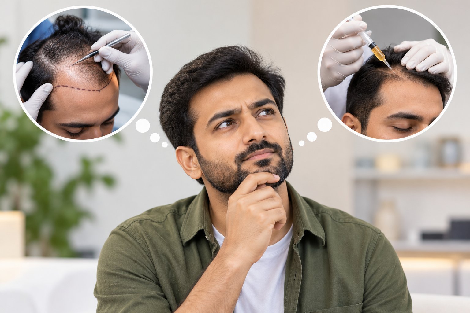 Man comparing hair transplant and PRP hair treatment options